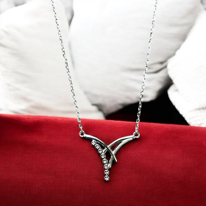 Elegant Sterling Silver V-shaped Necklace With Crystals