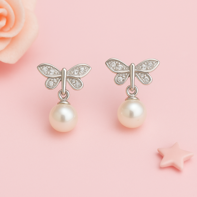 Silver Butterfly Pearl Stud Earrings